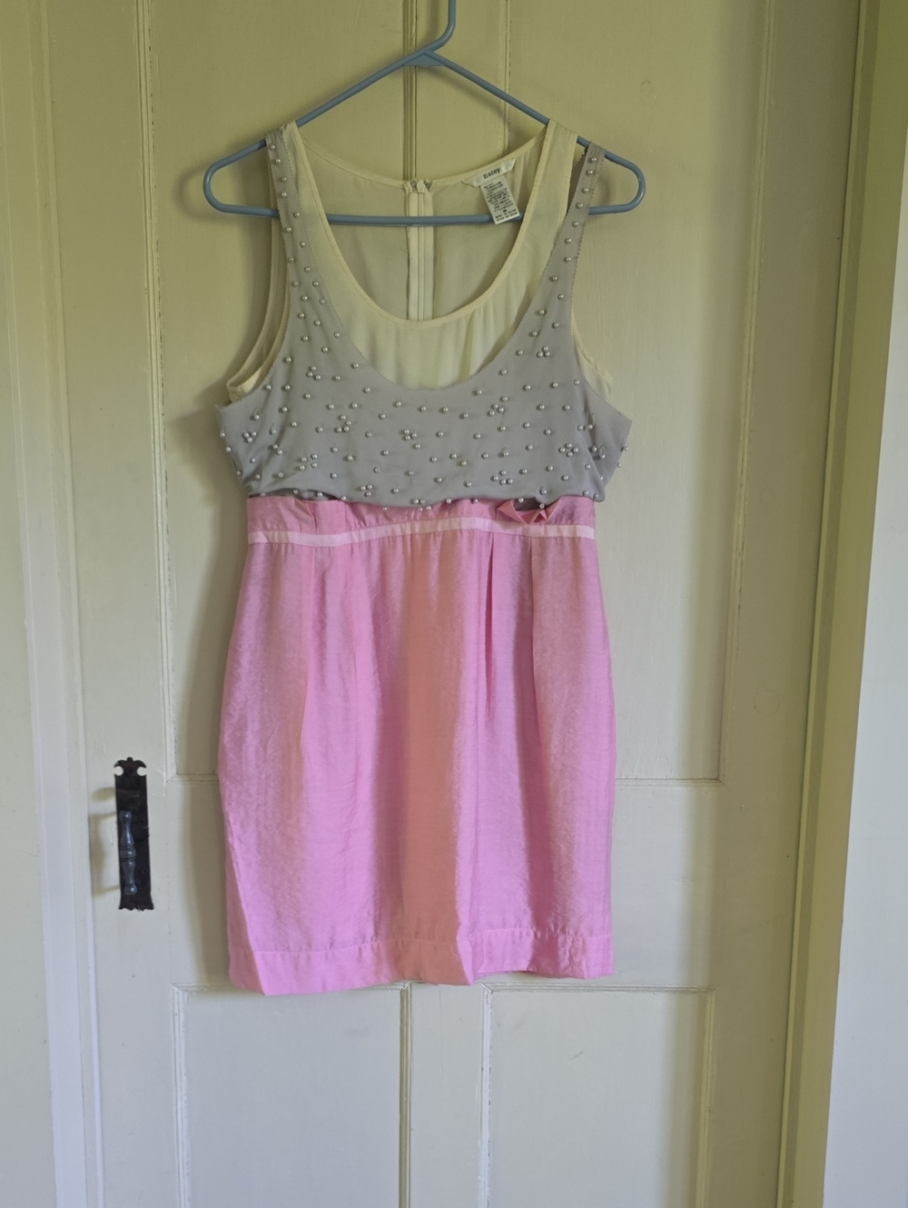 Esley Pink and Cream Midi Dress with Pearl-Embellished Bodice